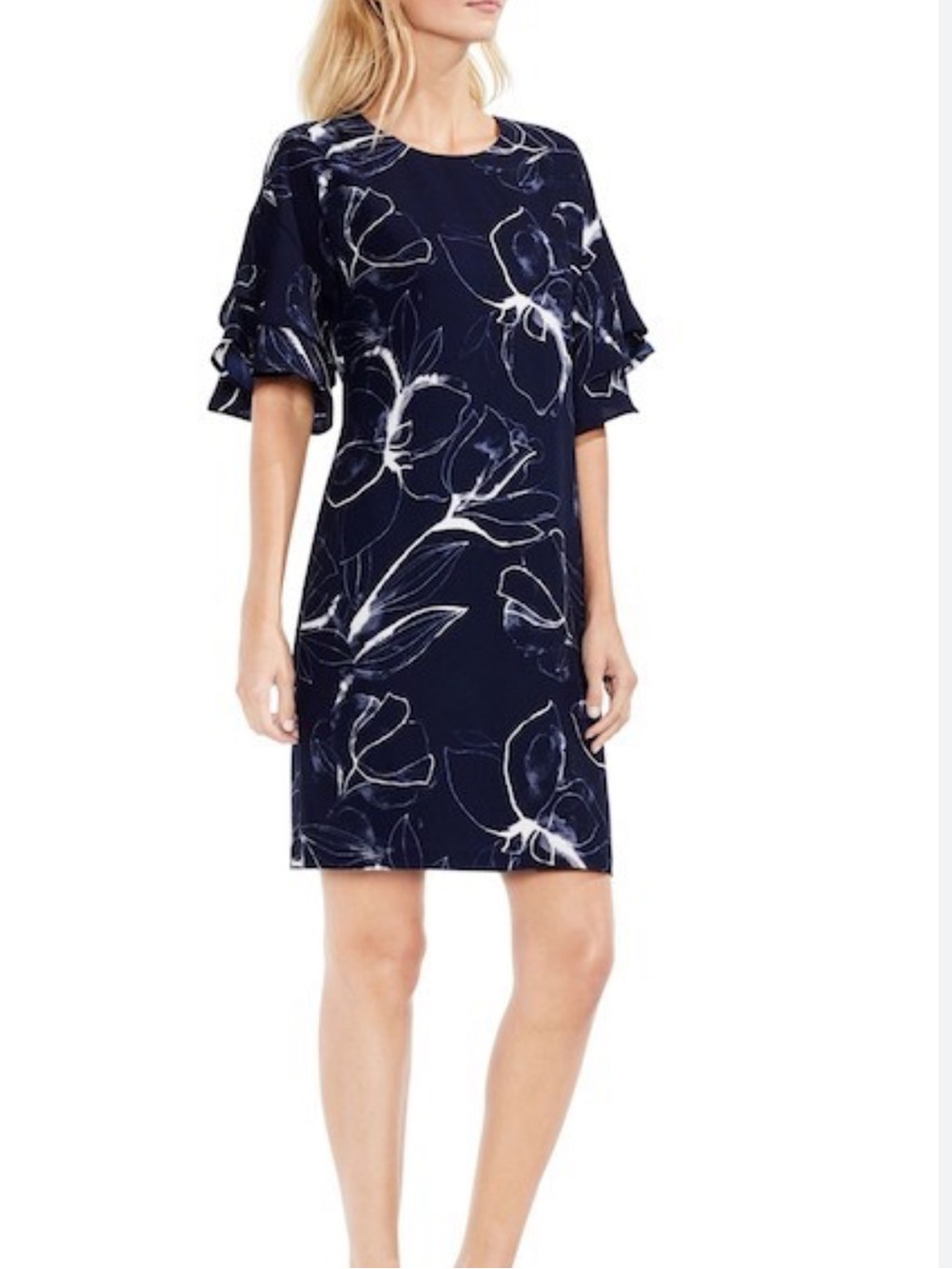 Vince Camuto Navy and White Floral Ruffle Sleeve Mini Dress
